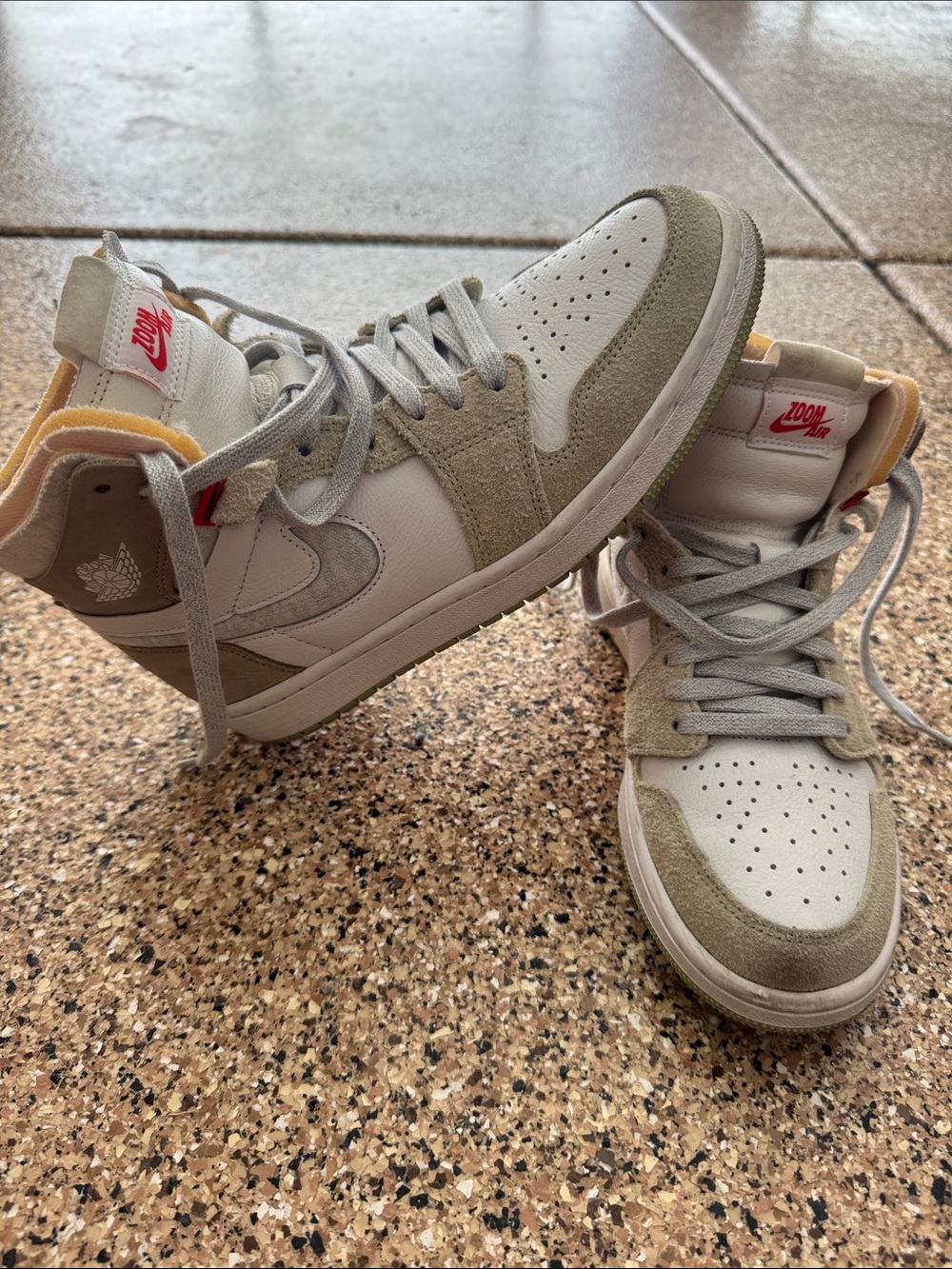 Nike Air Jordan 1 Mid in White, Light Grey & Cream with Red Accents